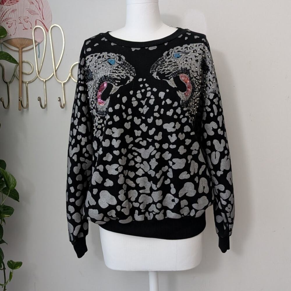 vintage Gladys Bagley black beaded leopard sweatshirt